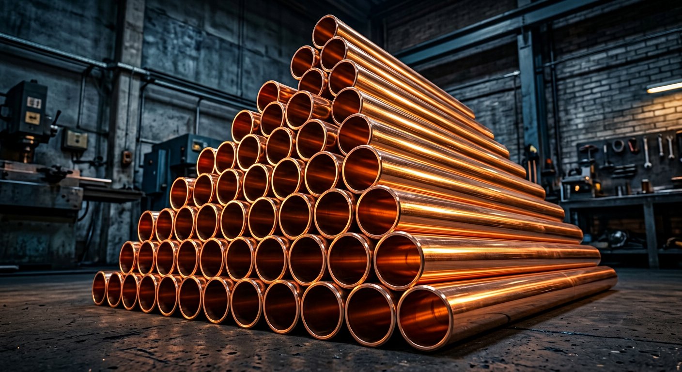 Seamless copper plumbing & heating pipes — DIN EN 1057 / DVGW GW 392 stacked in pyramid